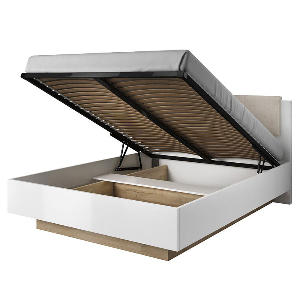 ARCO | postel dvoulůžko 160x200 + 2x noční stolek s LED + rošt s úložákem + matarace | bílá mat/lesk/dub grandson