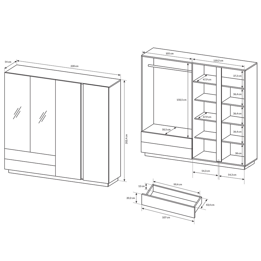 ARCO | šatní skříň 220 se zrcadlem | 220 cm | PUSH OPEN | bílá mat/lesk/dub grandson