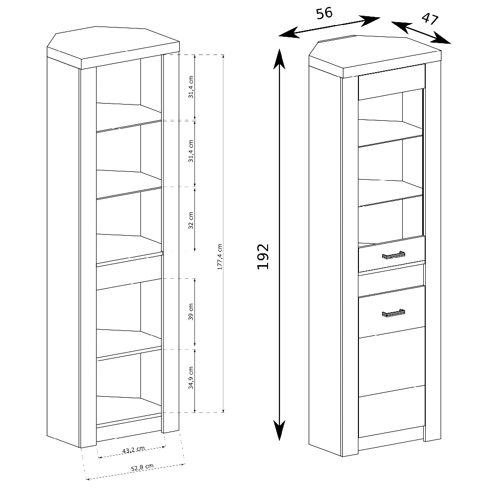 INDIANAPOLIS s | vitrína I-23 ROHOVÁ | 56 cm | UNI provedení | jasan světlý