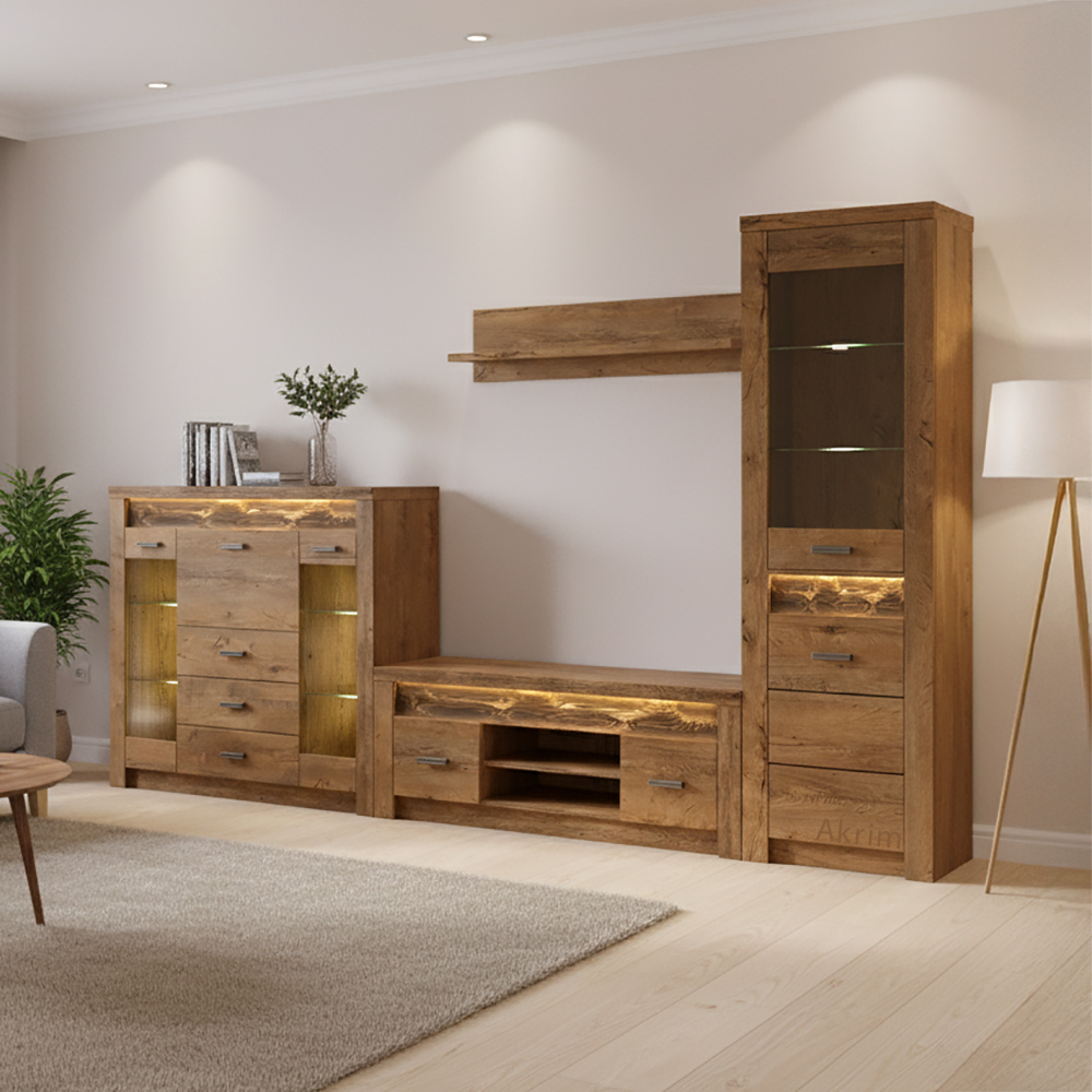 Obývací stěna INDIANAPOLIS s | sestava D | 330 cm | jasan světlý