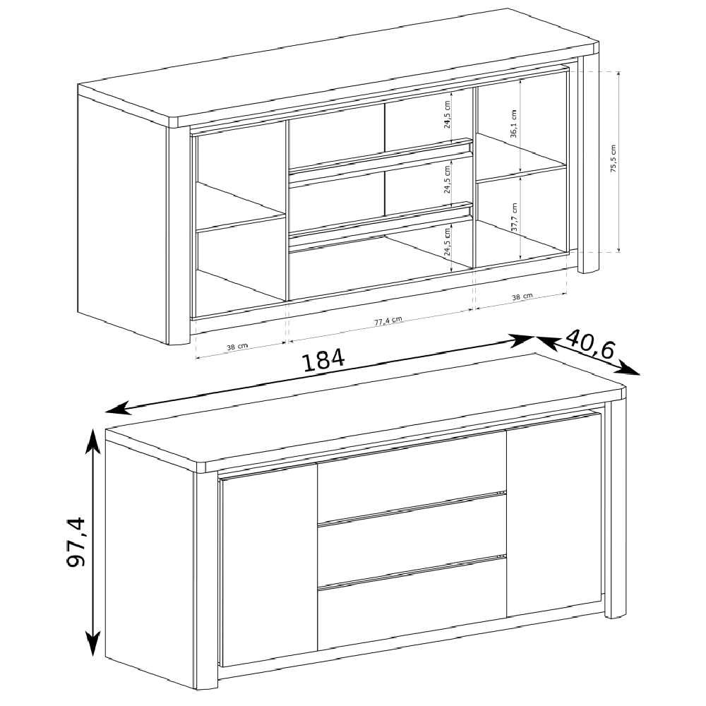 LIVINIO | komoda L-8 | 184 cm | V CENĚ LED LIŠTA | ribbeck/bílá lesk