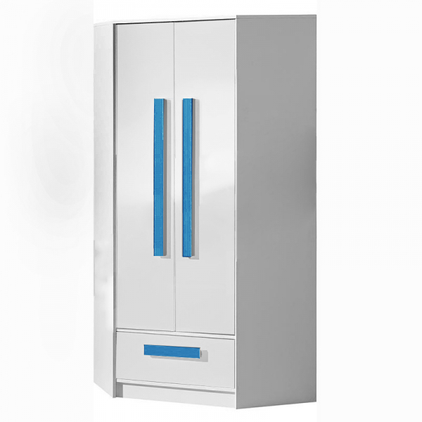 Guliver - rohová skříň 2 - bílá/úchyty-modré