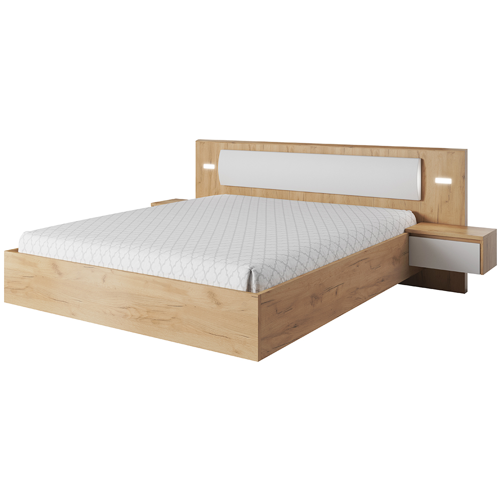 Xelo | dvoulůžko 160x200 cm + 2x noční stolek + osvětlení | dub kraft zlatý/bílá