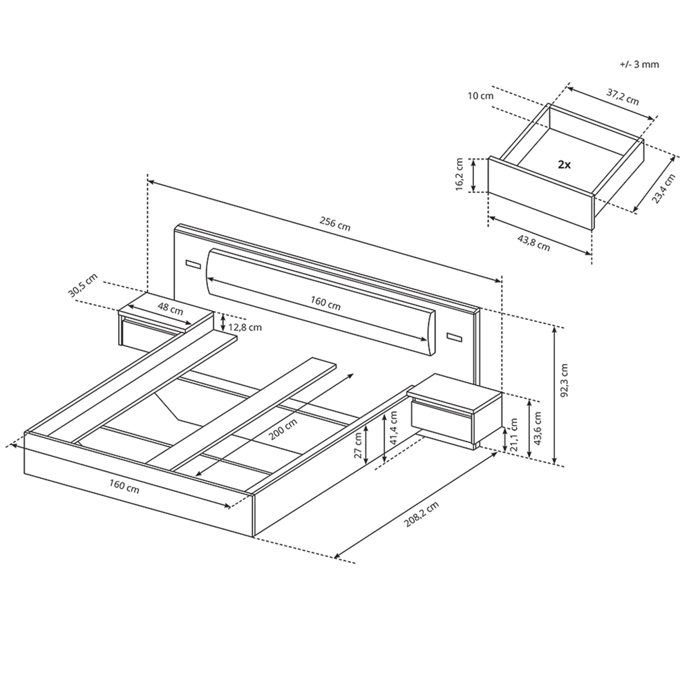 Xelo | dvoulůžko 160x200 cm + 2x noční stolek + osvětlení | dub kraft zlatý/bílá