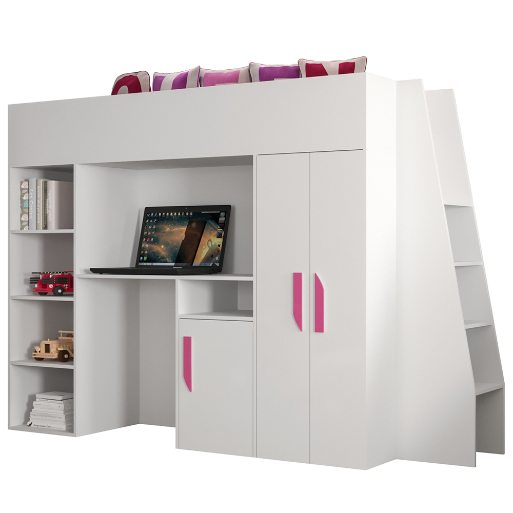 Patrová postel PARTY 15 | bílá/bílá-lesk-růžové úchyty | UNIVERZÁLNÍ