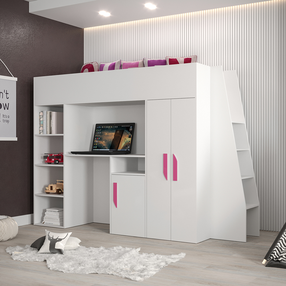 Patrová postel PARTY 15 | bílá/bílá-lesk-růžové úchyty | UNIVERZÁLNÍ