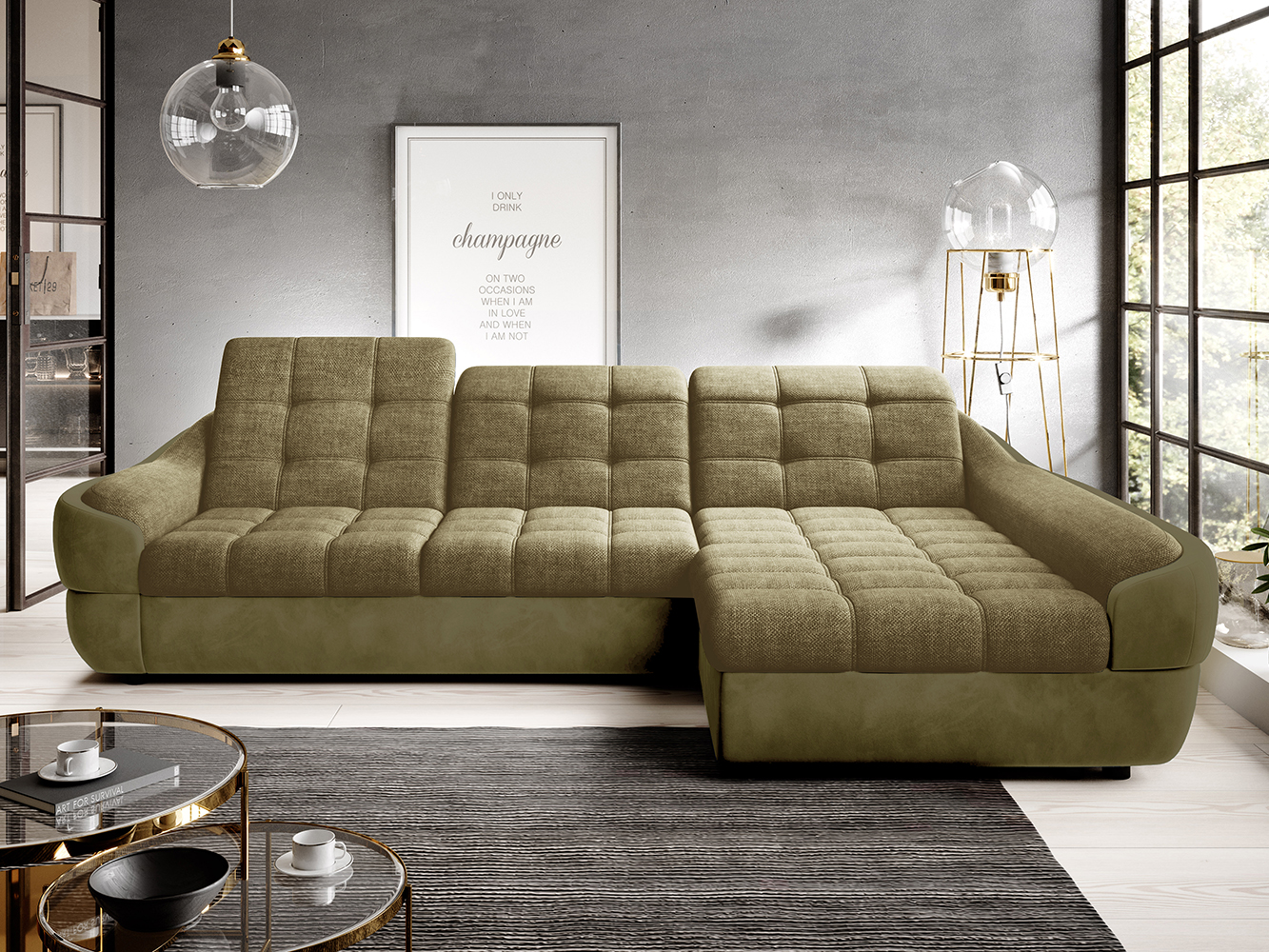 Sedací souprava INFINITY | 290x179 | rozkládací + úložný prostor | olivová | POSLEDNÍ KUS Z PRODEJNY