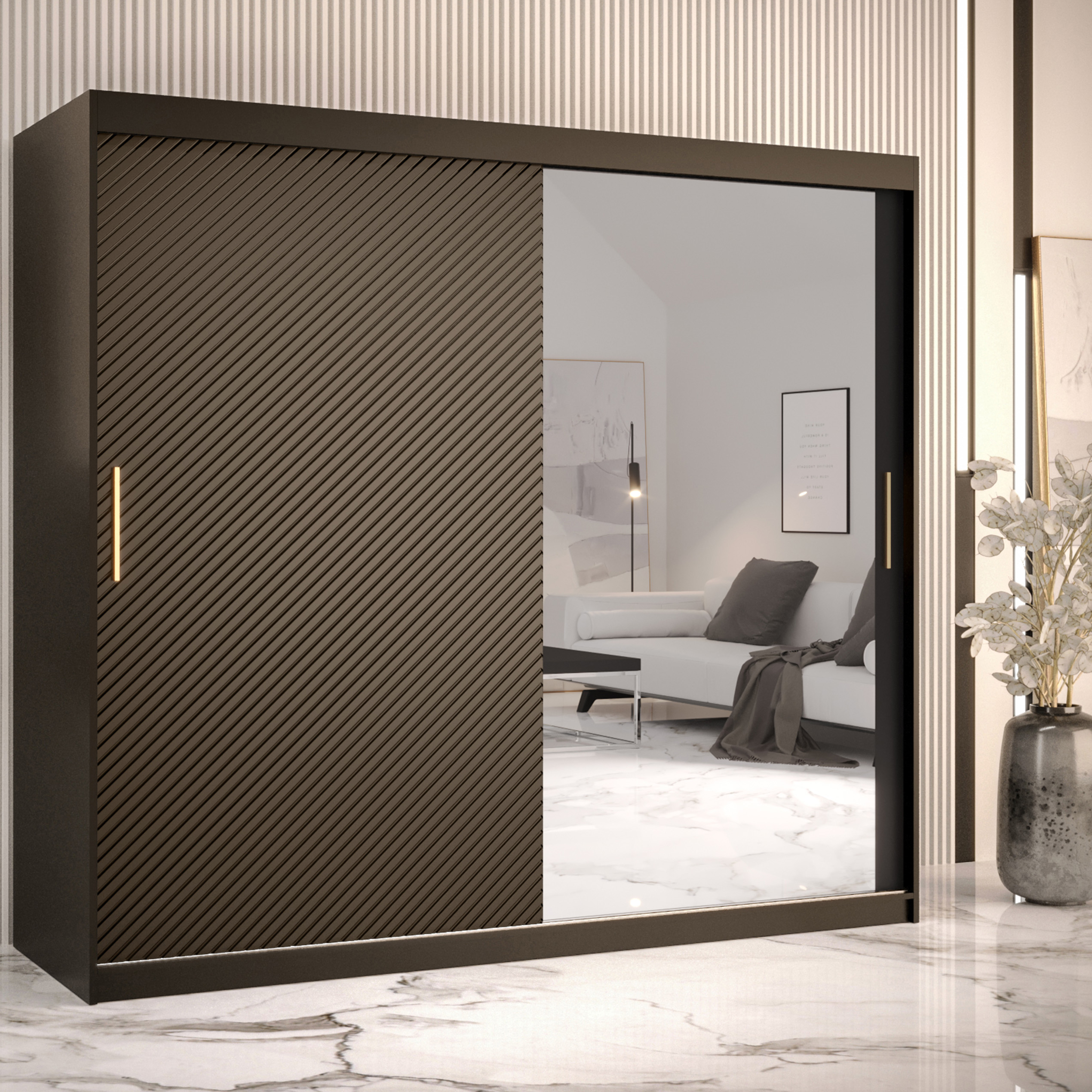 Šatní skříň Riflo Slim 2 | 200 cm | reliéf rybí kosti | černá