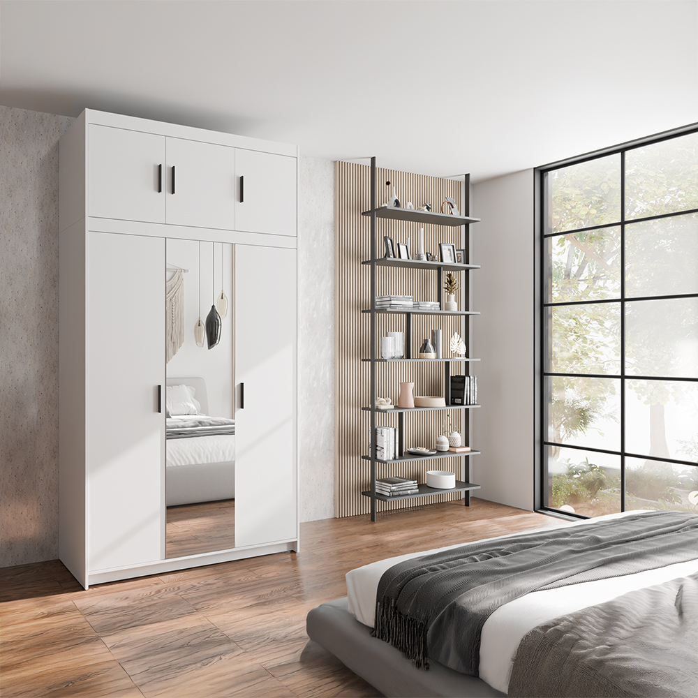 Šatní skříň ELENA 3D + zrcadlo + nástavec | 133 cm | bílá