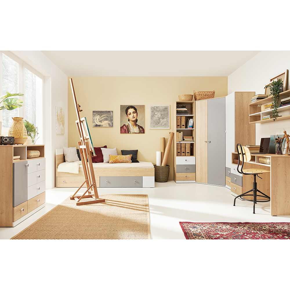 PIXEL | TV stolek PX11 | 120 cm | se zásuvkami | dub/bílá lux/šedá