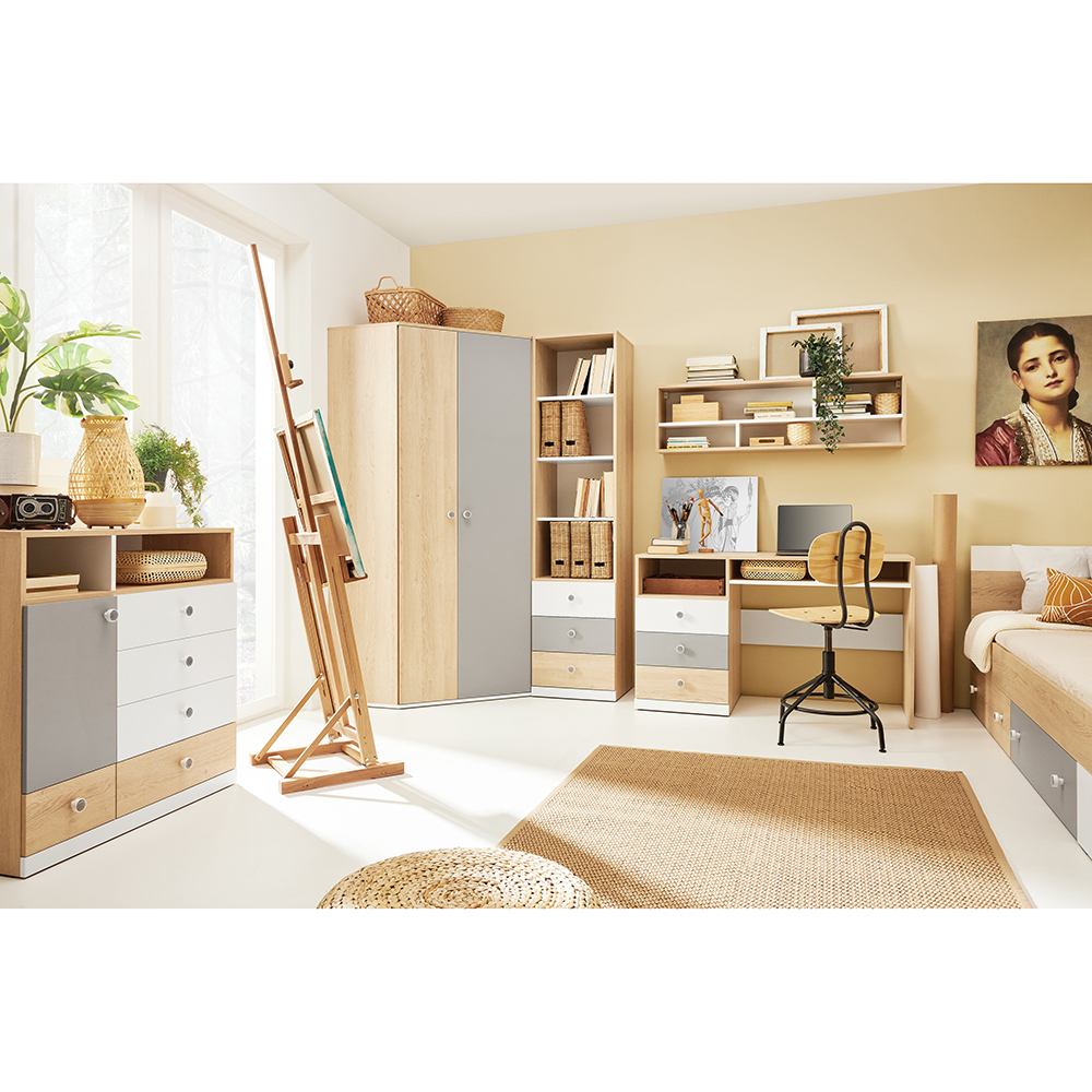 PIXEL | TV stolek PX11 | 120 cm | se zásuvkami | dub/bílá lux/šedá