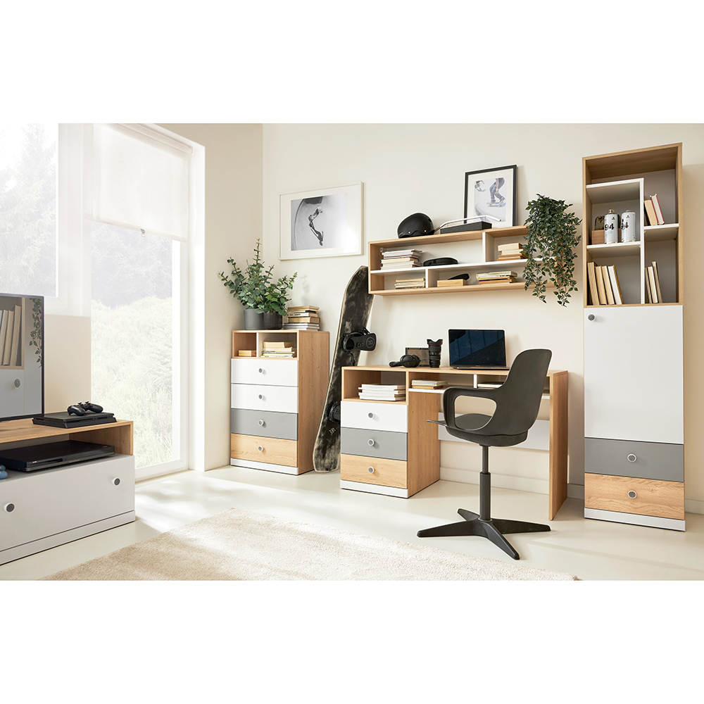 PIXEL | TV stolek PX11 | 120 cm | se zásuvkami | dub/bílá lux/šedá