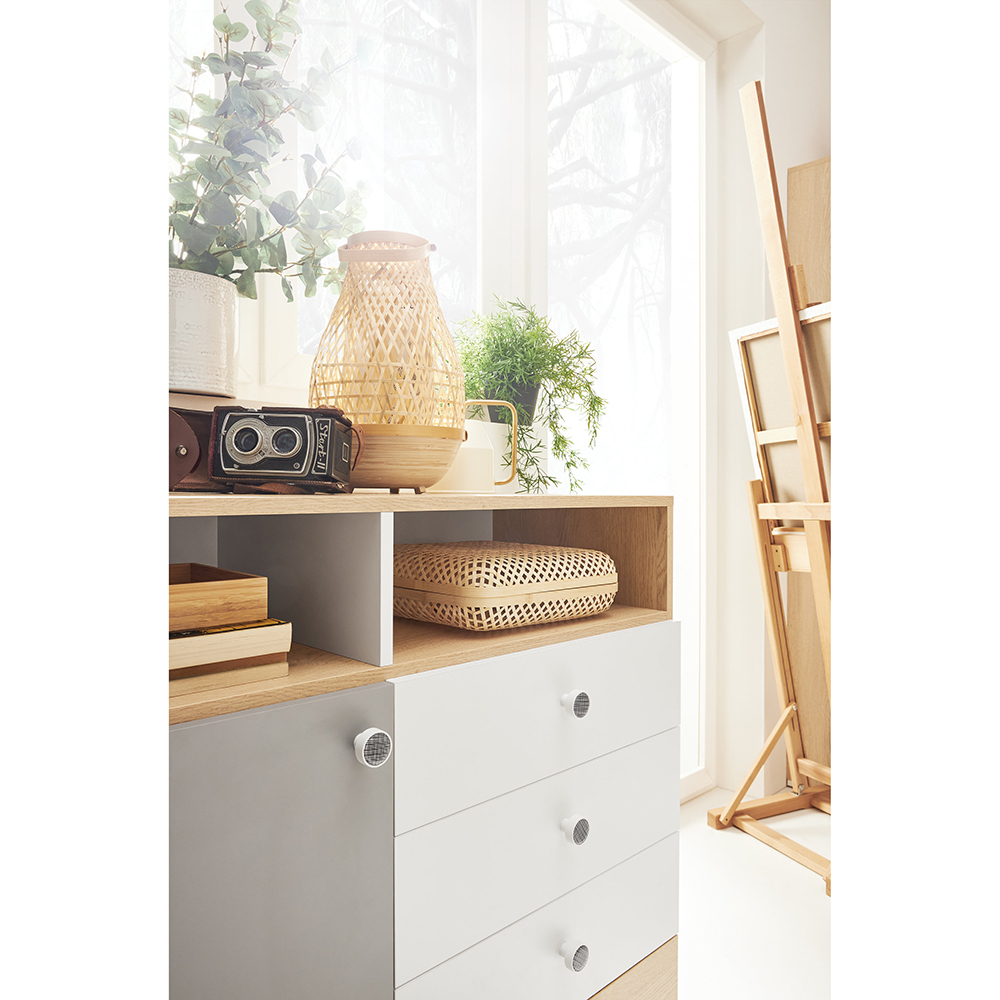 PIXEL | TV stolek PX11 | 120 cm | se zásuvkami | dub/bílá lux/šedá