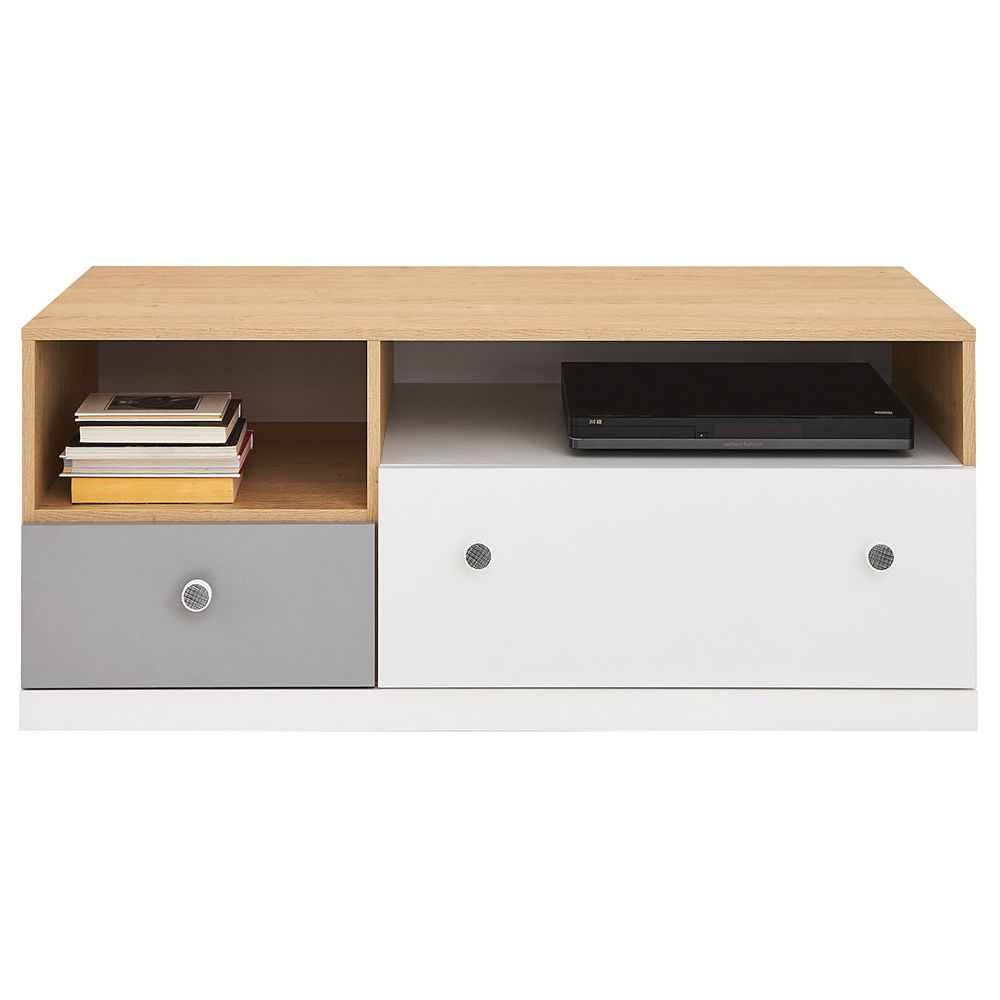 PIXEL | TV stolek PX11 | 120 cm | se zásuvkami | dub/bílá lux/šedá