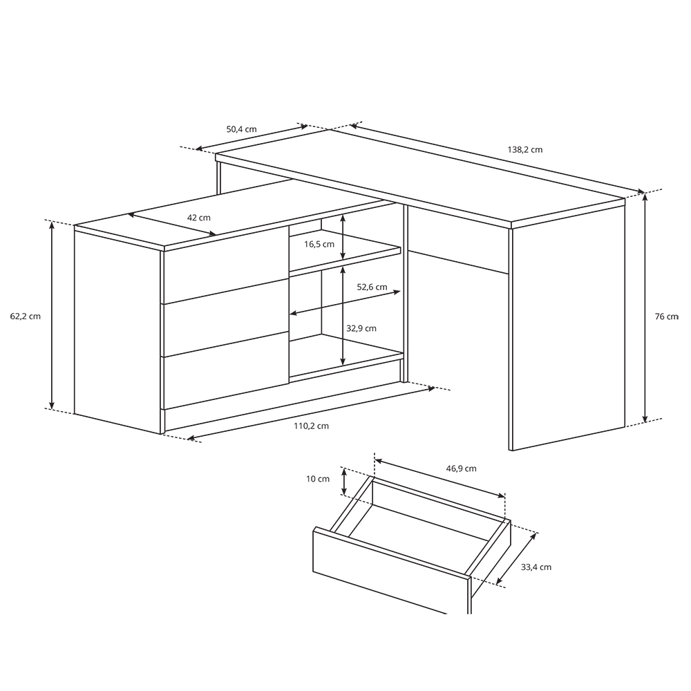 Psací stůl TEO + komoda | 138,2 cm | UNI provedení | bílá mat
