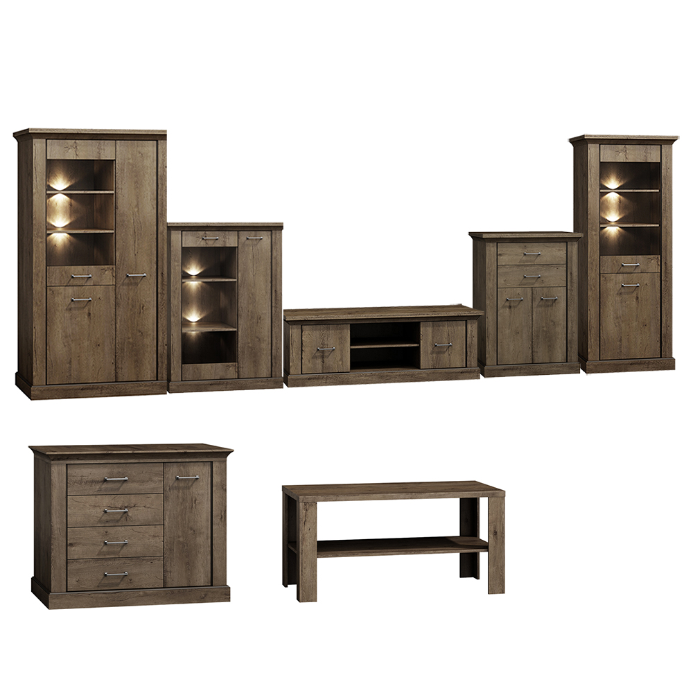 Obývací stěna ANTICA L | sestava G + stolek + komoda | 485 cm | dub lefkas | POSLEDNÍ KUS