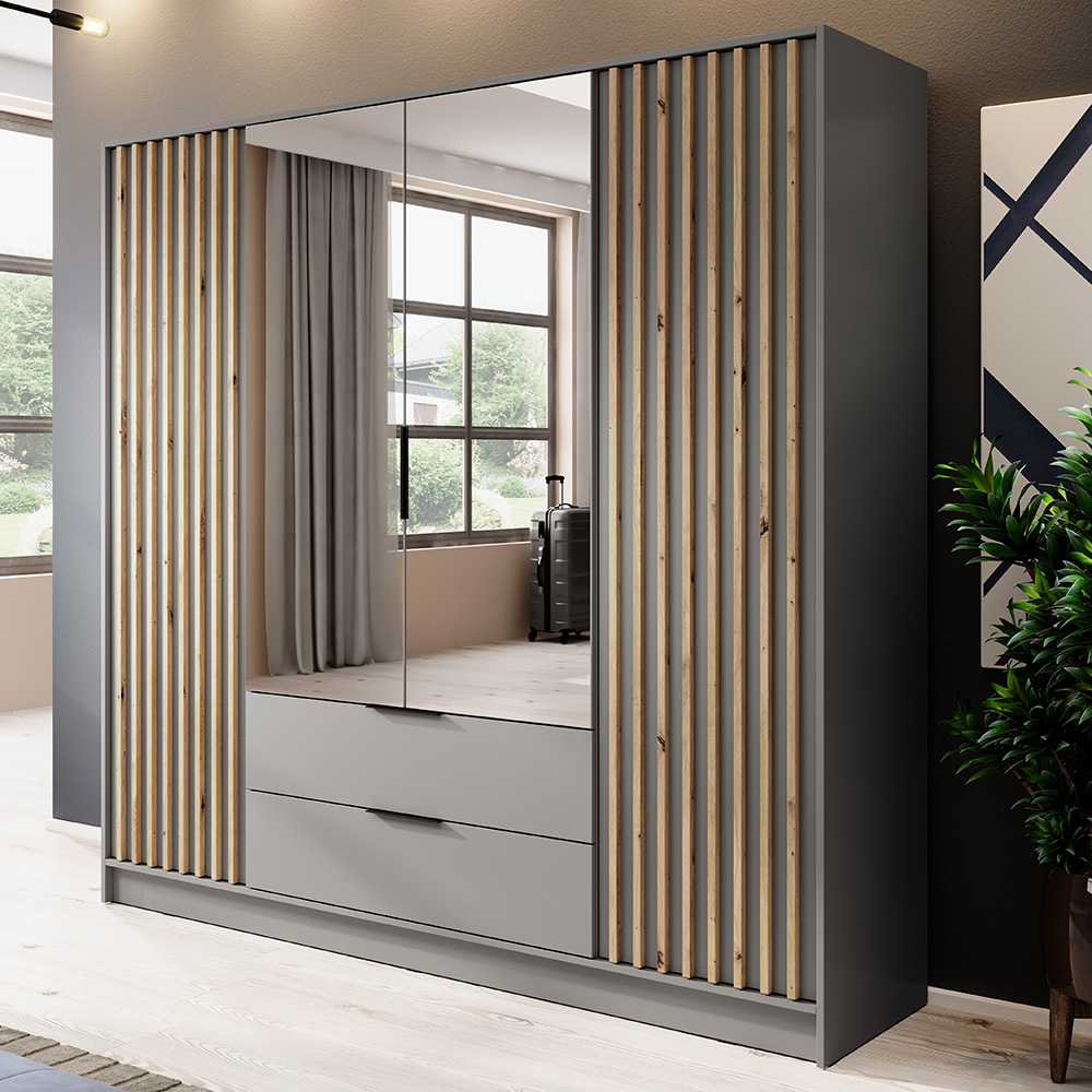 Šatní skříň NELLY 4D se zrcadlem + nástavec | 206 cm | šedá