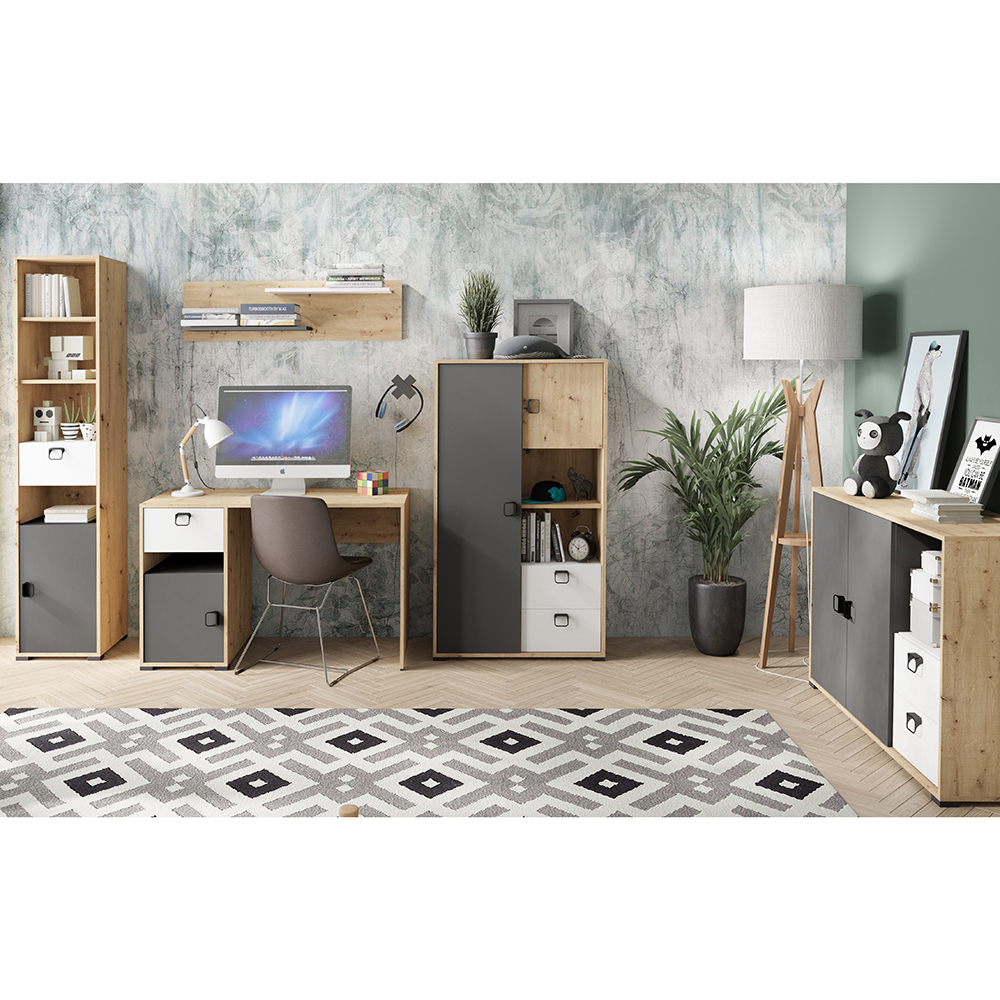 KEVIN | regál 4 | 80 cm | dub artisan/grafit/bílá