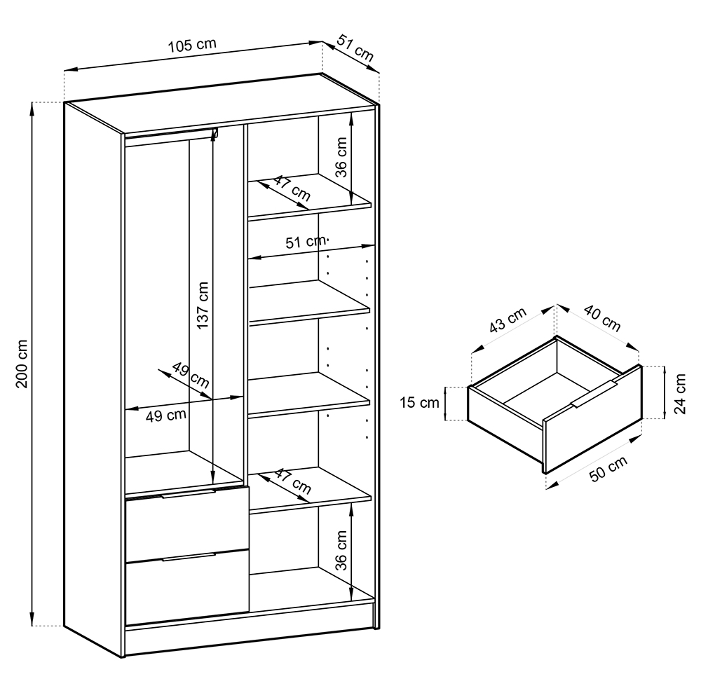 Šatní skříň NELLY 2D se zrcadlem + nástavec | 105 cm | artisan