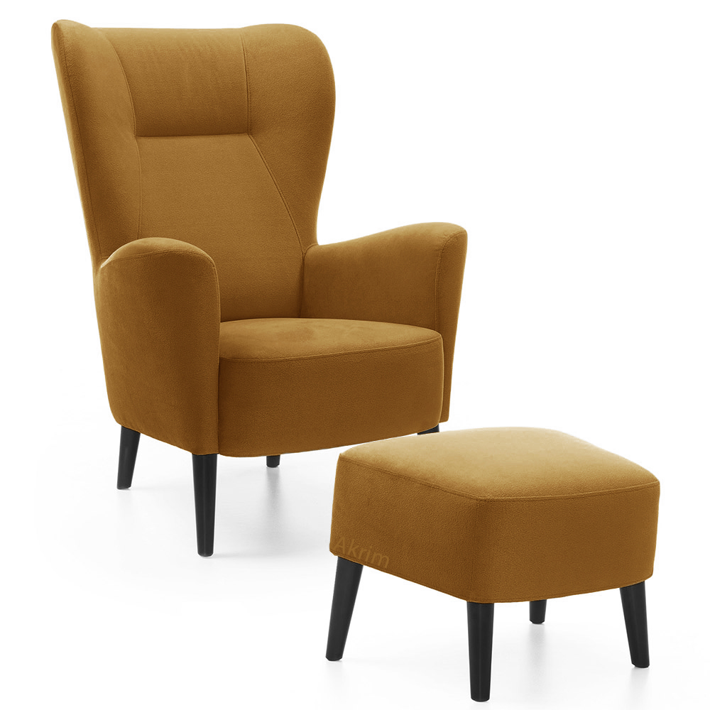 Křeslo ušák s podnožkou Next | FUNKČNÍ LÁTKA | okrová 51 | černé nohy | AKCE