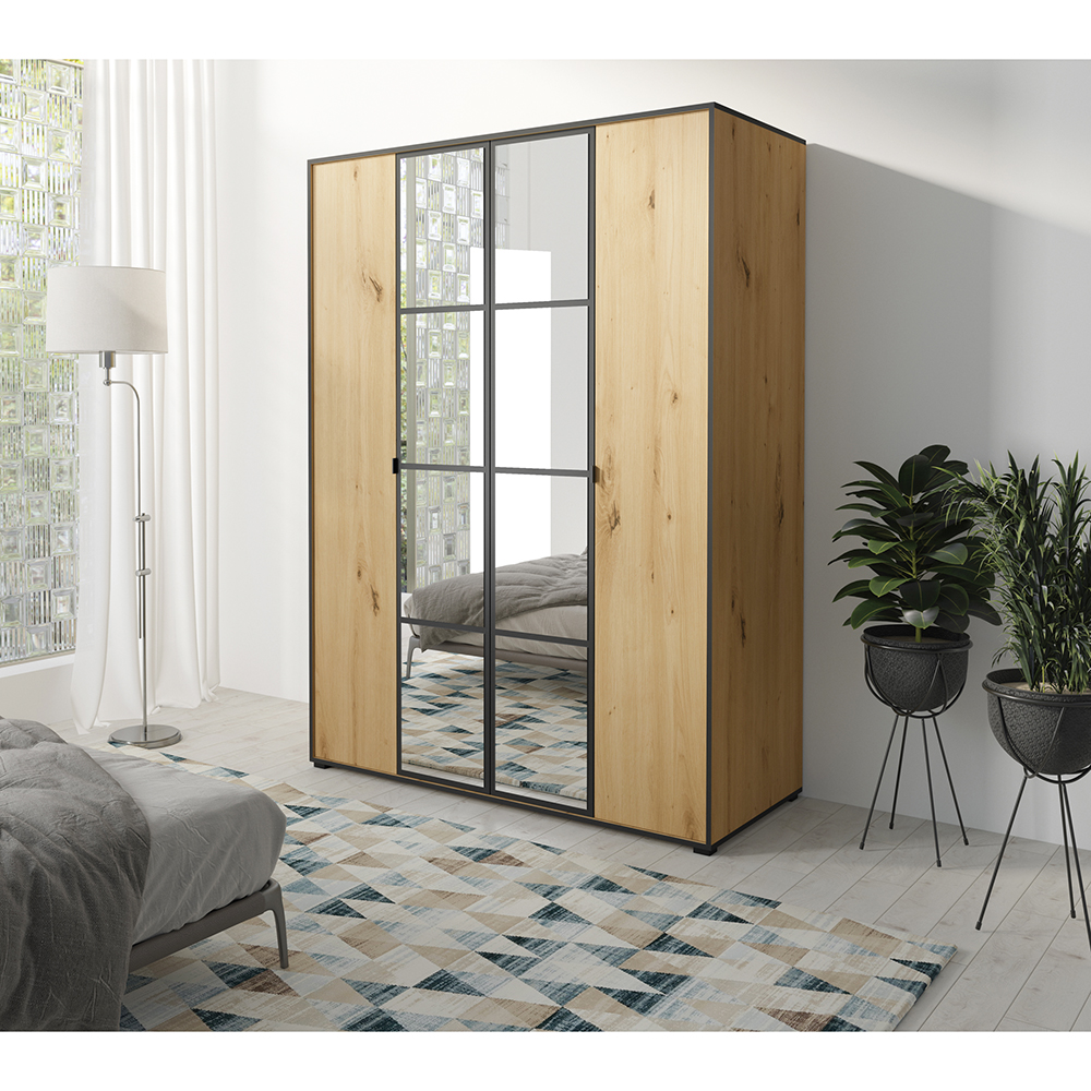 Šatní skříň OSLO 1 | se zrcadlem | 150 cm | dub artisan/černá