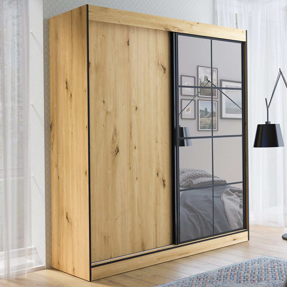 Šatní skříň OSLO 2 | se zrcadlem | 180 cm | dub artisan/černá
