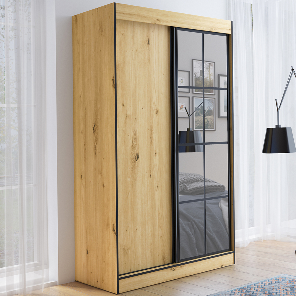 Šatní skříň OSLO 2 | se zrcadlem | 120 cm | dub artisan/černá