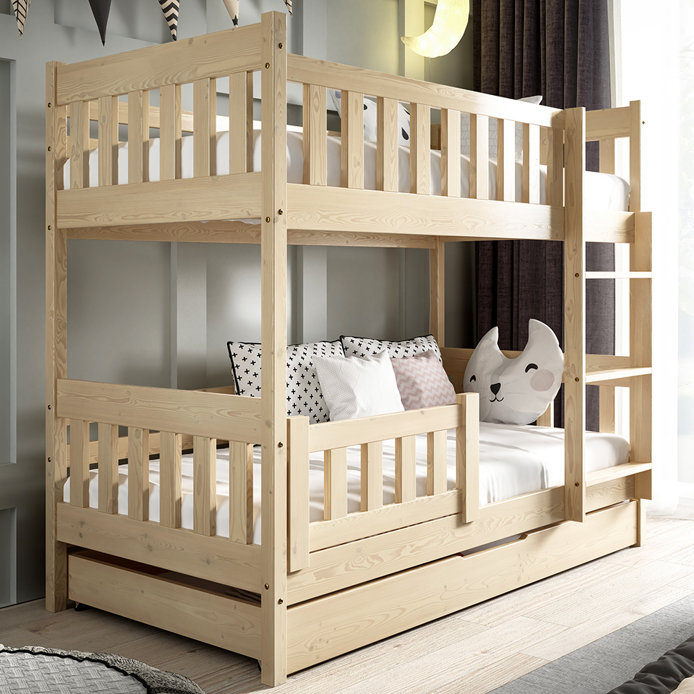 Patrová dětská postel LILA | 2x 80x160 cm | + rošty, matrace, zásuvka | přírodní | UNI