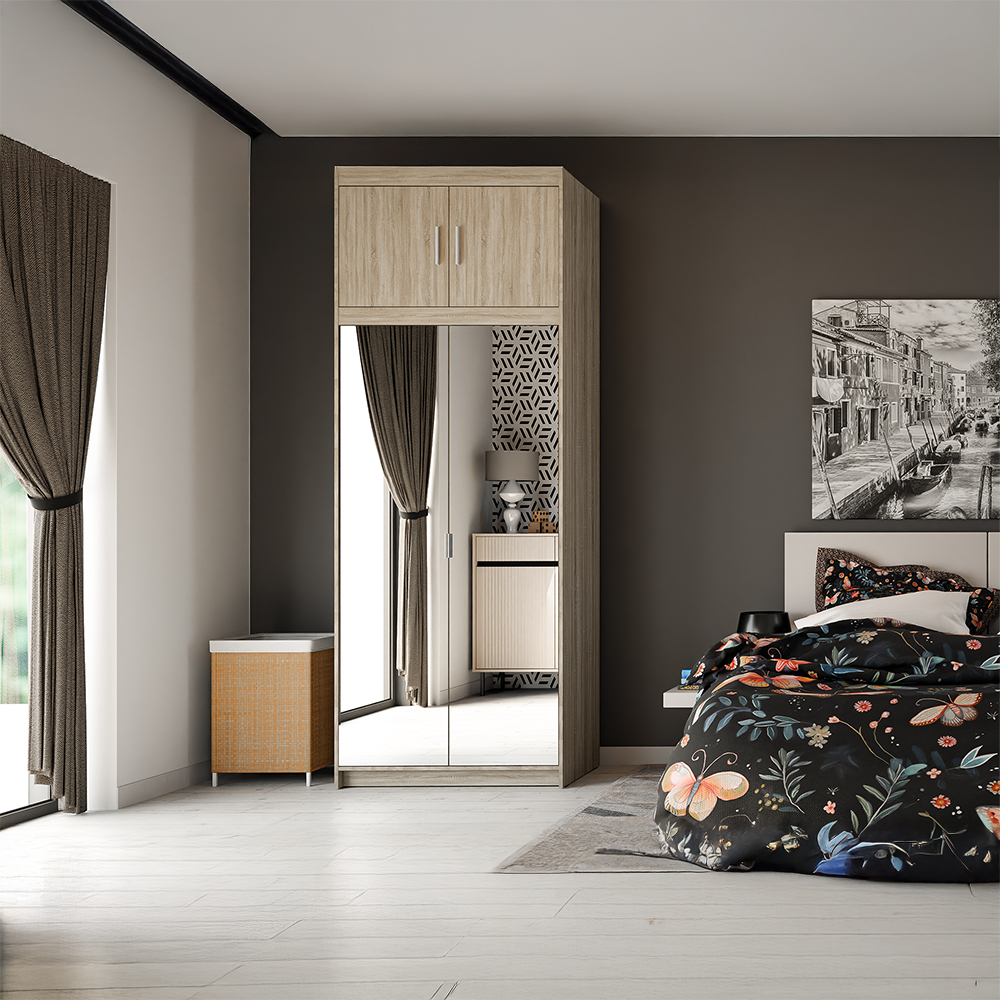 Šatní skříň ELENA 2D + zrcadla + nástavec | 89,7 cm | dub sonoma