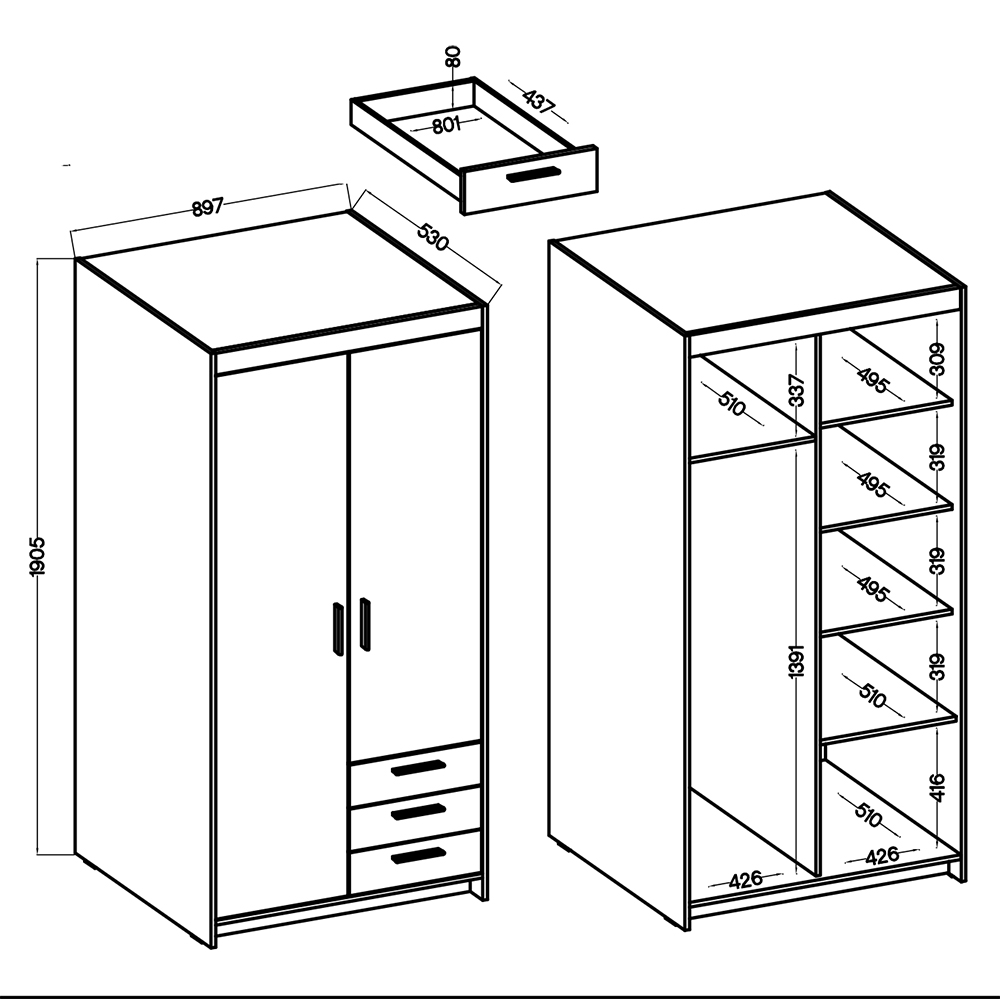 Šatní skříň ELENA 2D 3S + nástavec | 89,7 cm | bílá