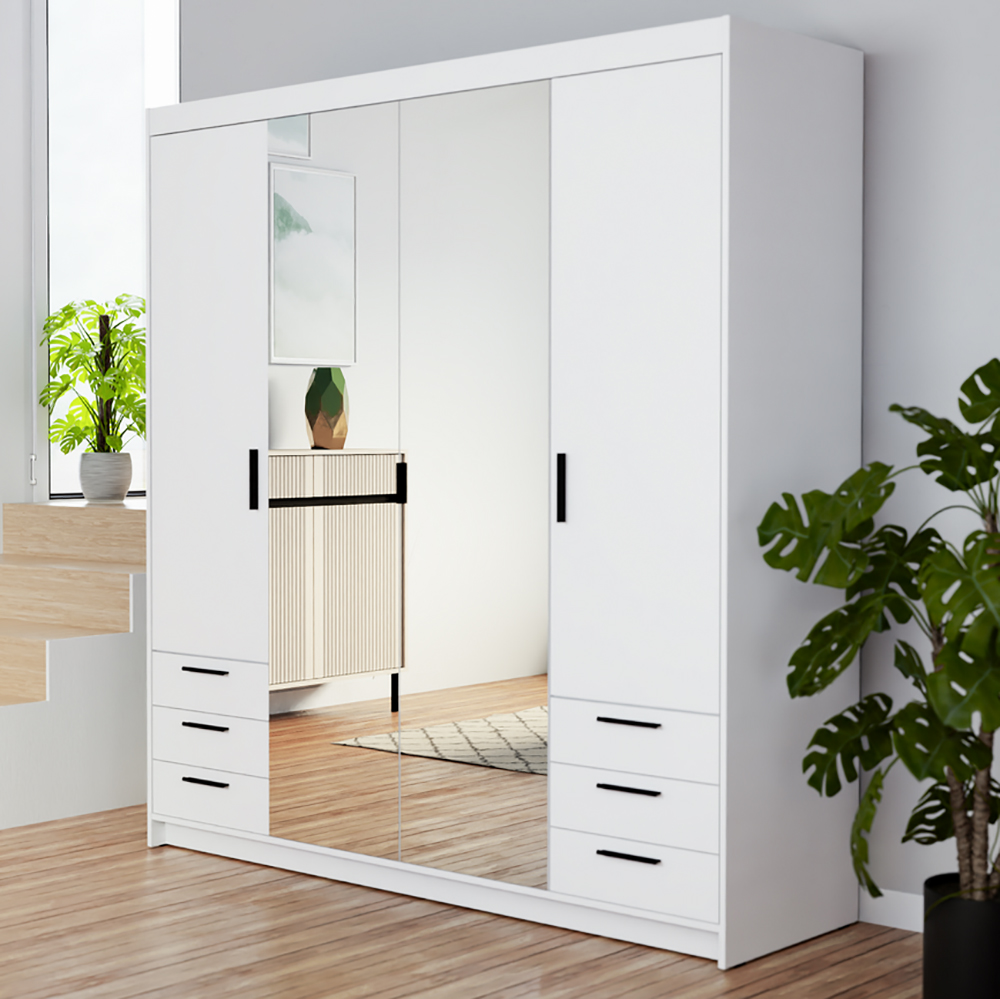 Šatní skříň ELENA 4D 6S + zrcadlo + 6x zásuvka | 176,3 cm | bílá