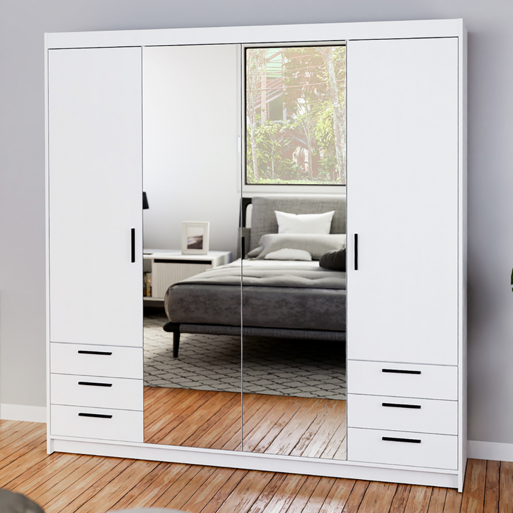 Šatní skříň ELENA 4D 6S + zrcadlo + 6x zásuvka | 176,3 cm | bílá