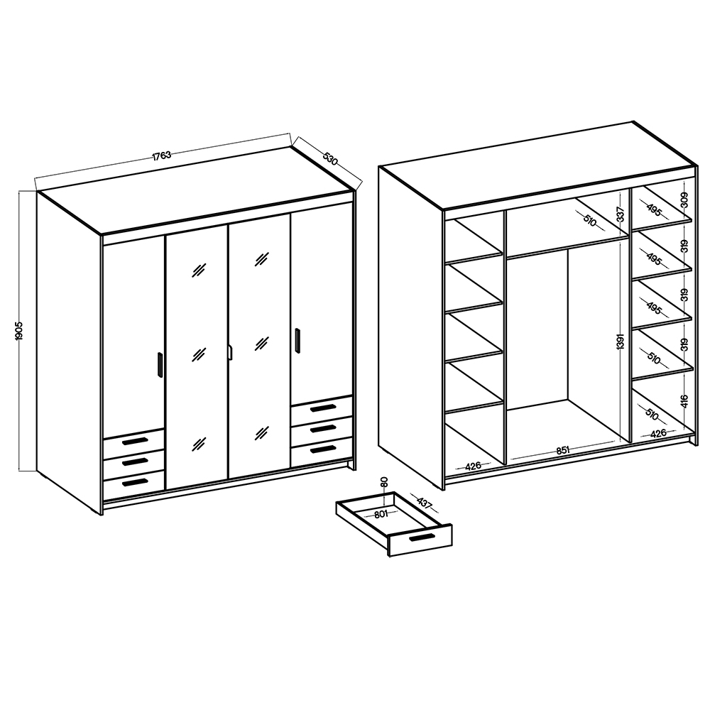Šatní skříň ELENA 4D 6S + zrcadlo + 6x zásuvka | 176,3 cm | bílá