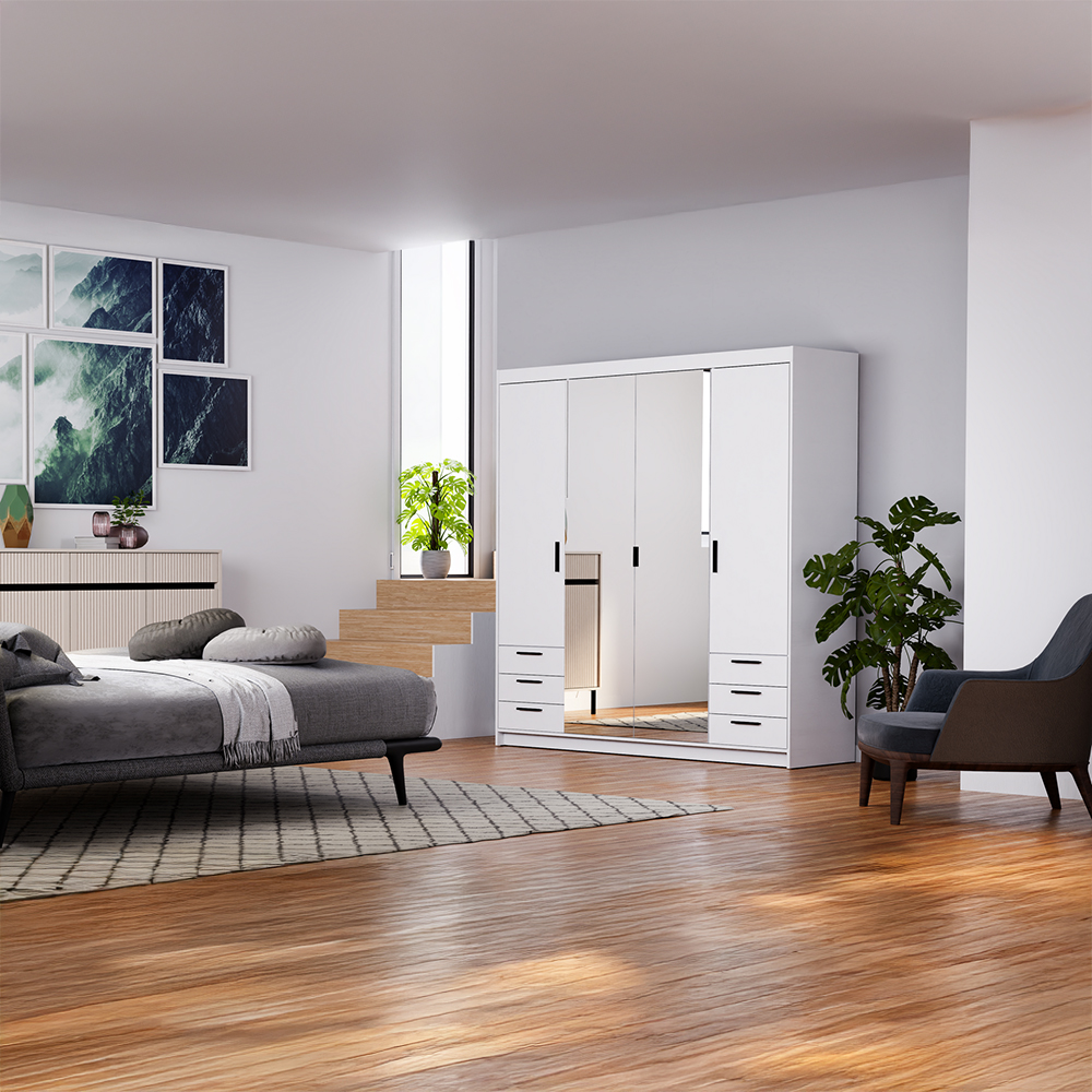 Šatní skříň ELENA 4D 6S + zrcadlo + 6x zásuvka | 176,3 cm | bílá