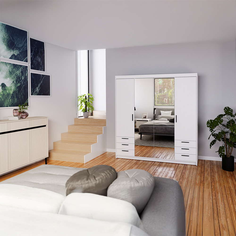 Šatní skříň ELENA 4D 6S + zrcadlo + 6x zásuvka | 176,3 cm | bílá