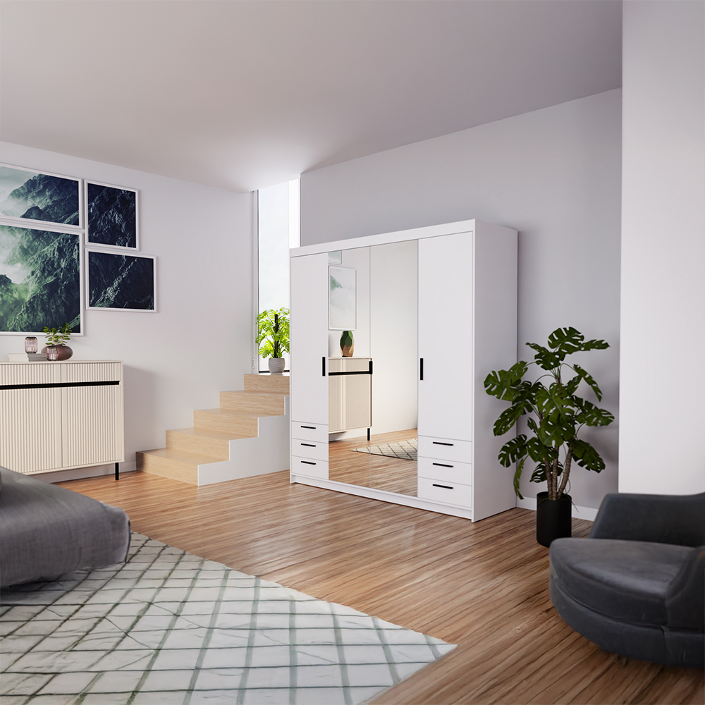 Šatní skříň ELENA 4D 6S + zrcadlo + 6x zásuvka | 176,3 cm | bílá