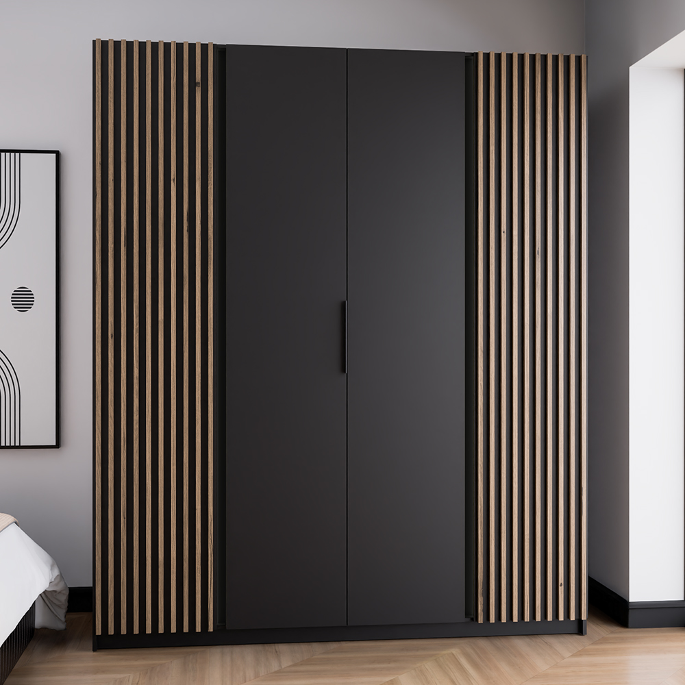 Šatní skříň KAJA 2LAM 2F | 200 cm | bez zrcadla | VYSOKÁ | černá + lamely