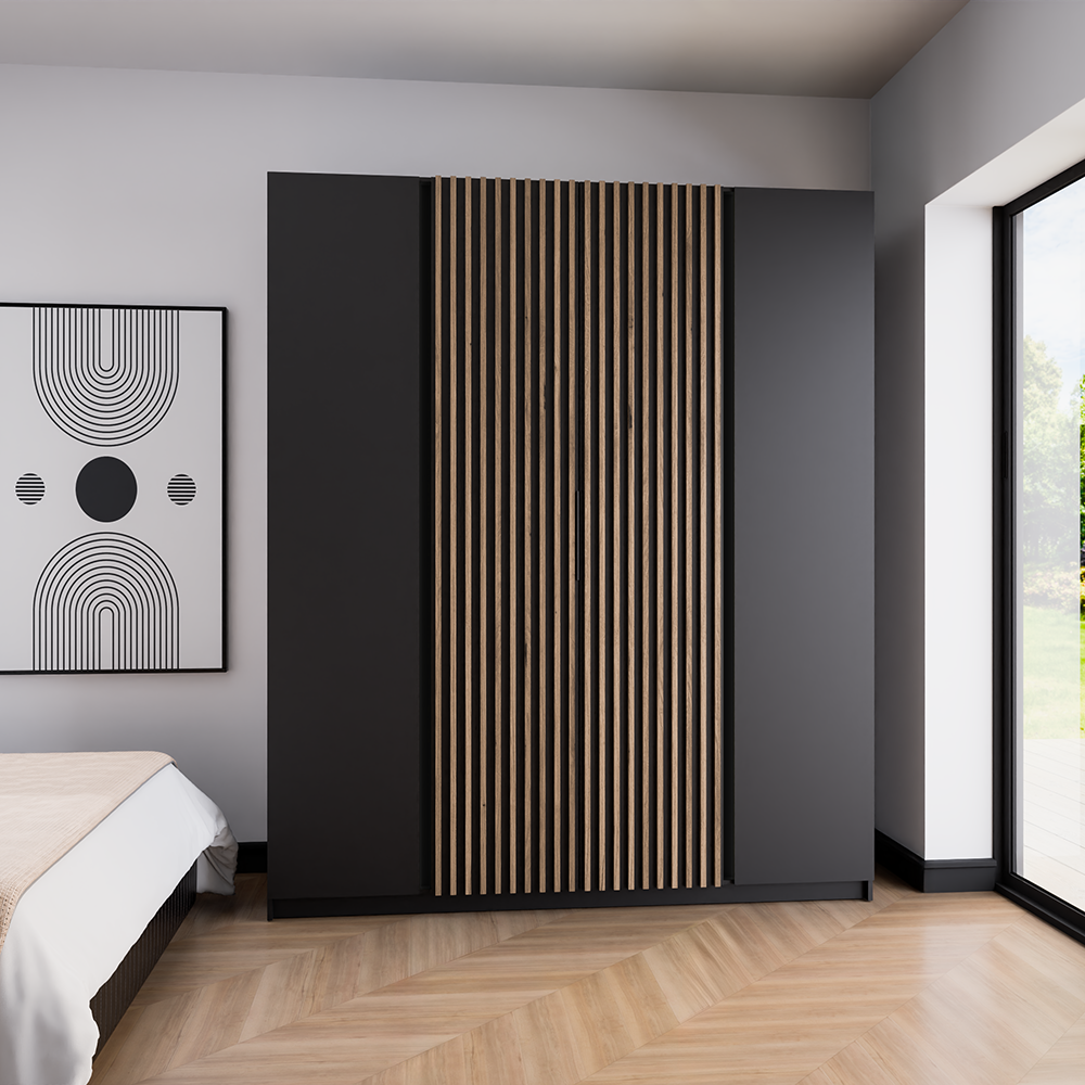 Šatní skříň KAJA 2F 2LAM | 200 cm | bez zrcadla | VYSOKÁ | černá + lamely