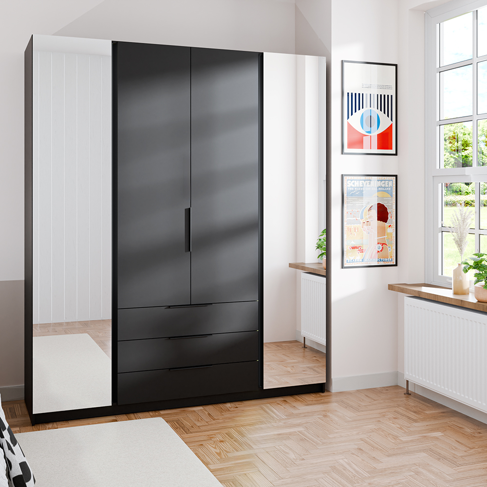 Šatní skříň KAJA 2LU 2F 3S | 200 cm | se zrcadly | VYSOKÁ | černá