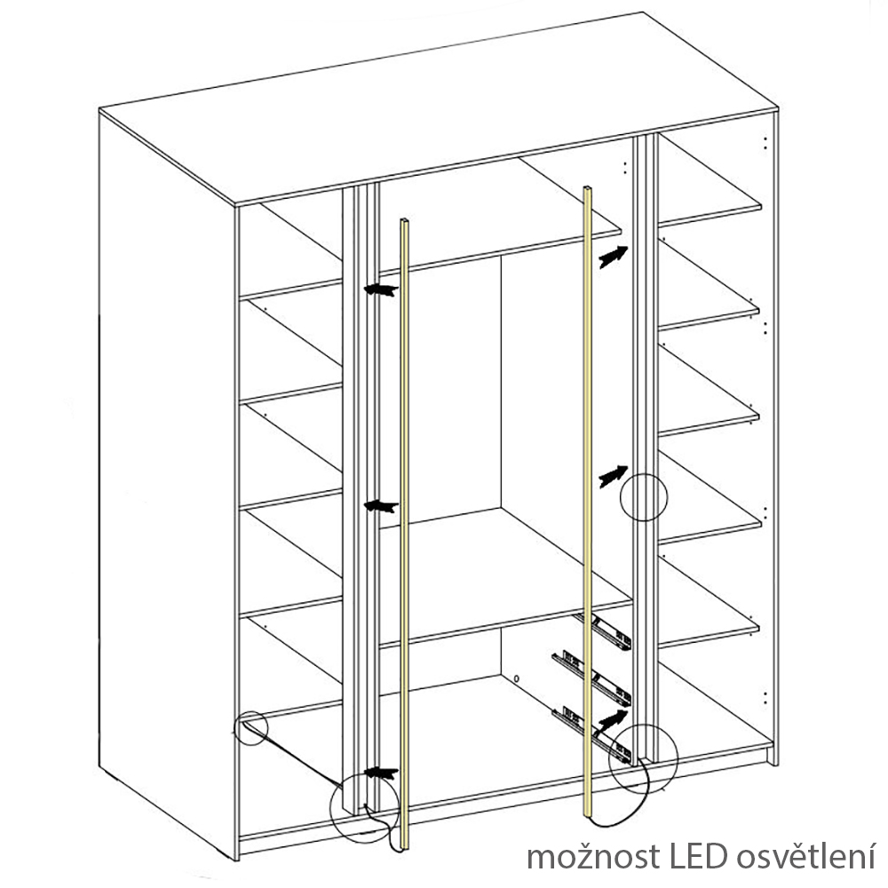 Šatní skříň KAJA 2LAM 2LU 3S | 200 cm | se zrcadly | VYSOKÁ | černá + lamely