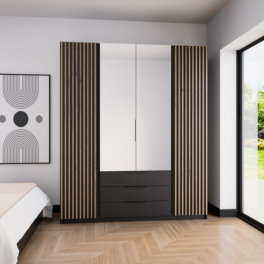 Šatní skříň KAJA 2LAM 2LU 3S | 200 cm | se zrcadly | VYSOKÁ | černá + lamely