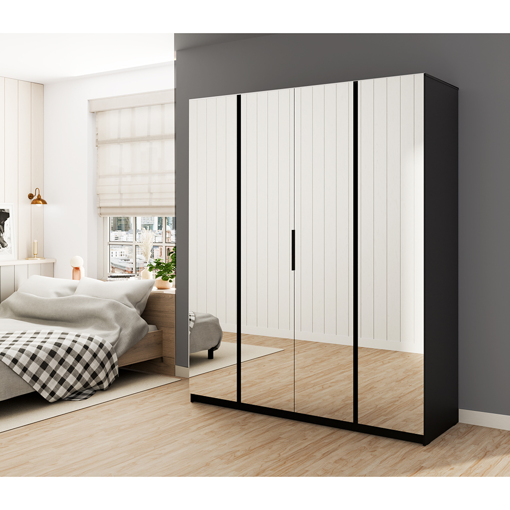 Šatní skříň KAJA 4LU | 200 cm | se zrcadly | VYSOKÁ | černá
