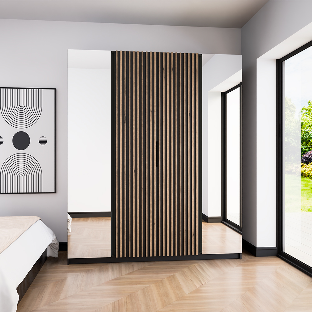 Šatní skříň KAJA 2LU 2LAM | 200 cm | se zrcadly | VYSOKÁ | černá + lamely