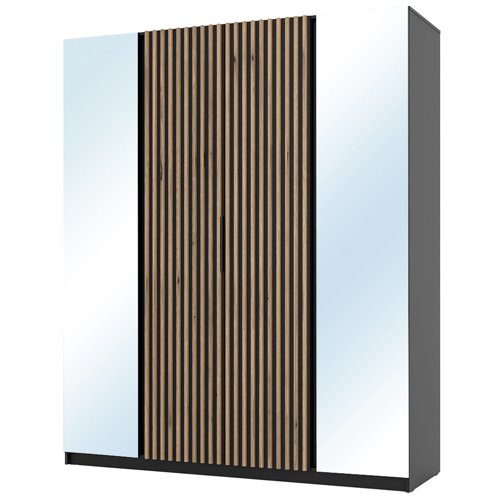 Šatní skříň KAJA 2LU 2LAM | 200 cm | se zrcadly | VYSOKÁ | černá + lamely