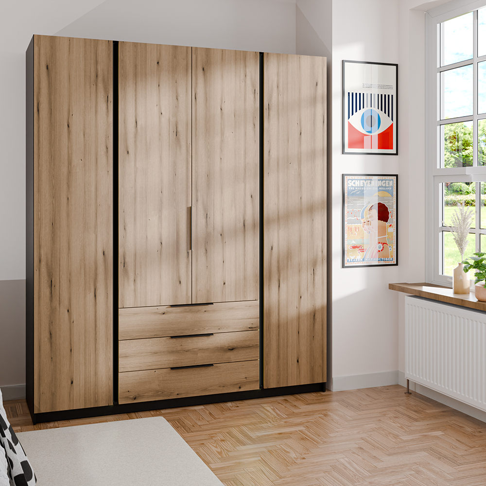 Šatní skříň KAJA 4F 3S | 200 cm | bez zrcadla | VYSOKÁ | černá/evoke