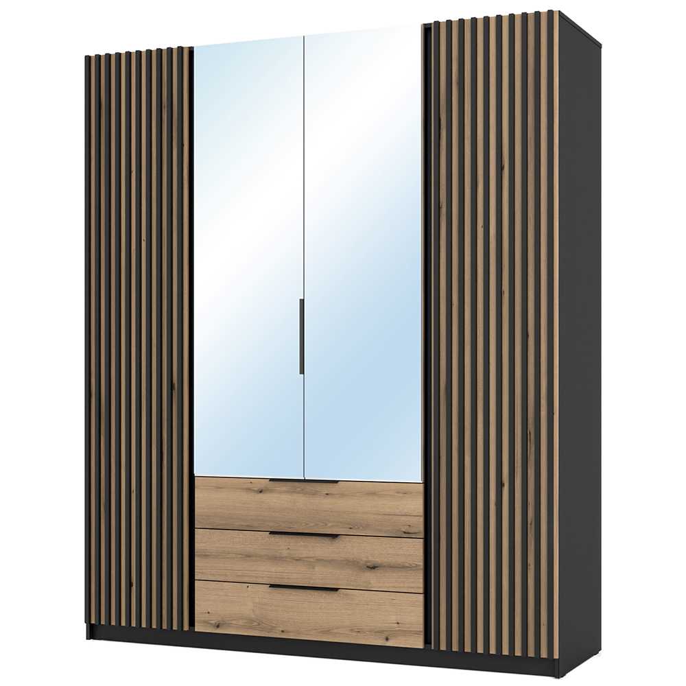 Šatní skříň KAJA 2LAM 2LU 3S | 200 cm | se zrcadly | VYSOKÁ | černá/evoke + lamely