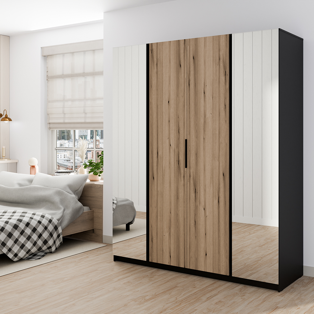 Šatní skříň KAJA 2LU 2F | 200 cm | se zrcadly | VYSOKÁ | černá/evoke