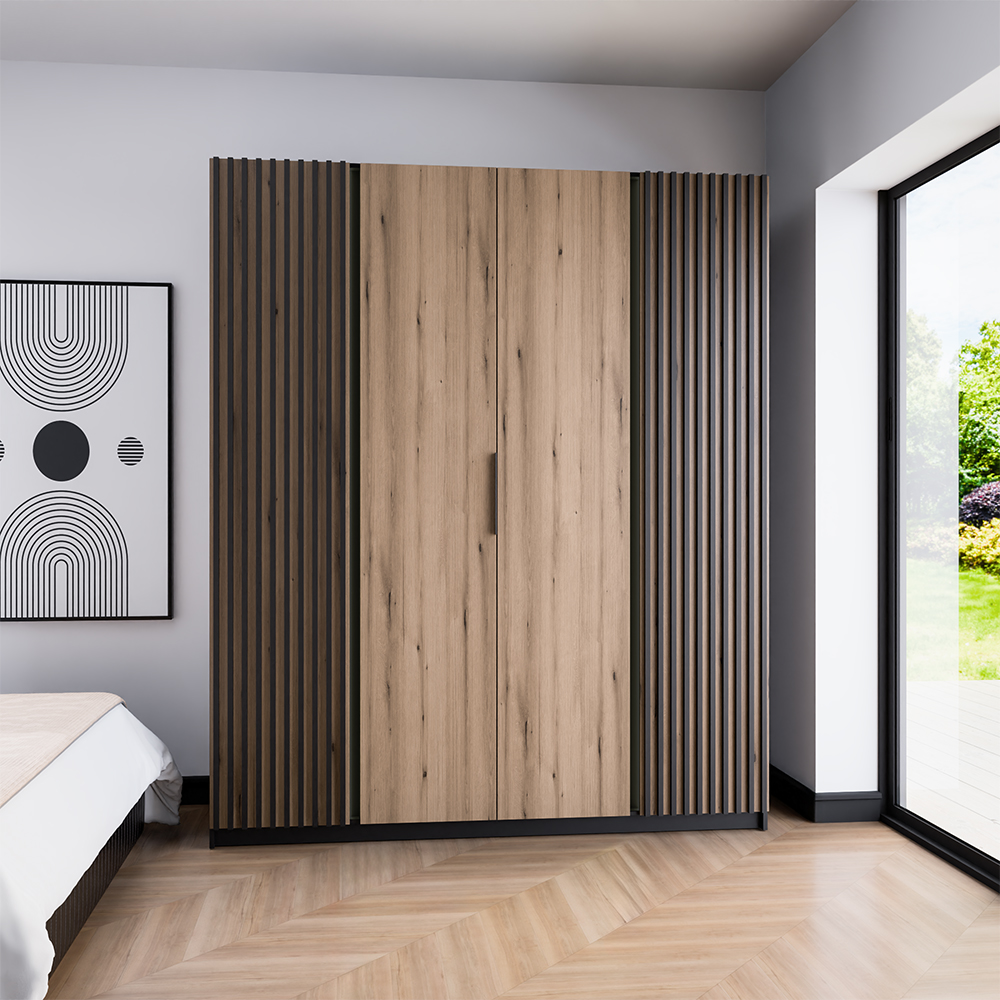 Šatní skříň KAJA 2LAM 2F | 200 cm | bez zrcadla | VYSOKÁ | černá/evoke + lamely