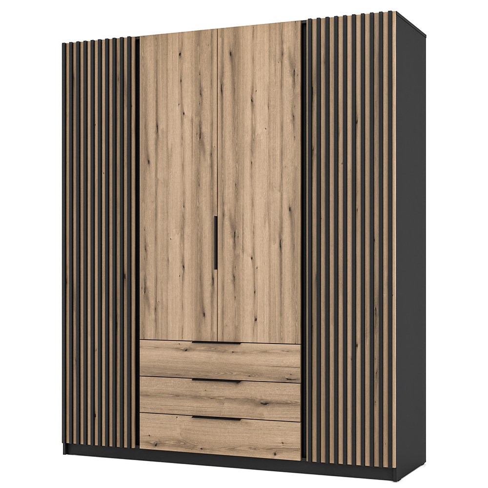 Šatní skříň KAJA 2LAM 2F 3S | 200 cm | bez zrcadla | VYSOKÁ | černá/evoke + lamely