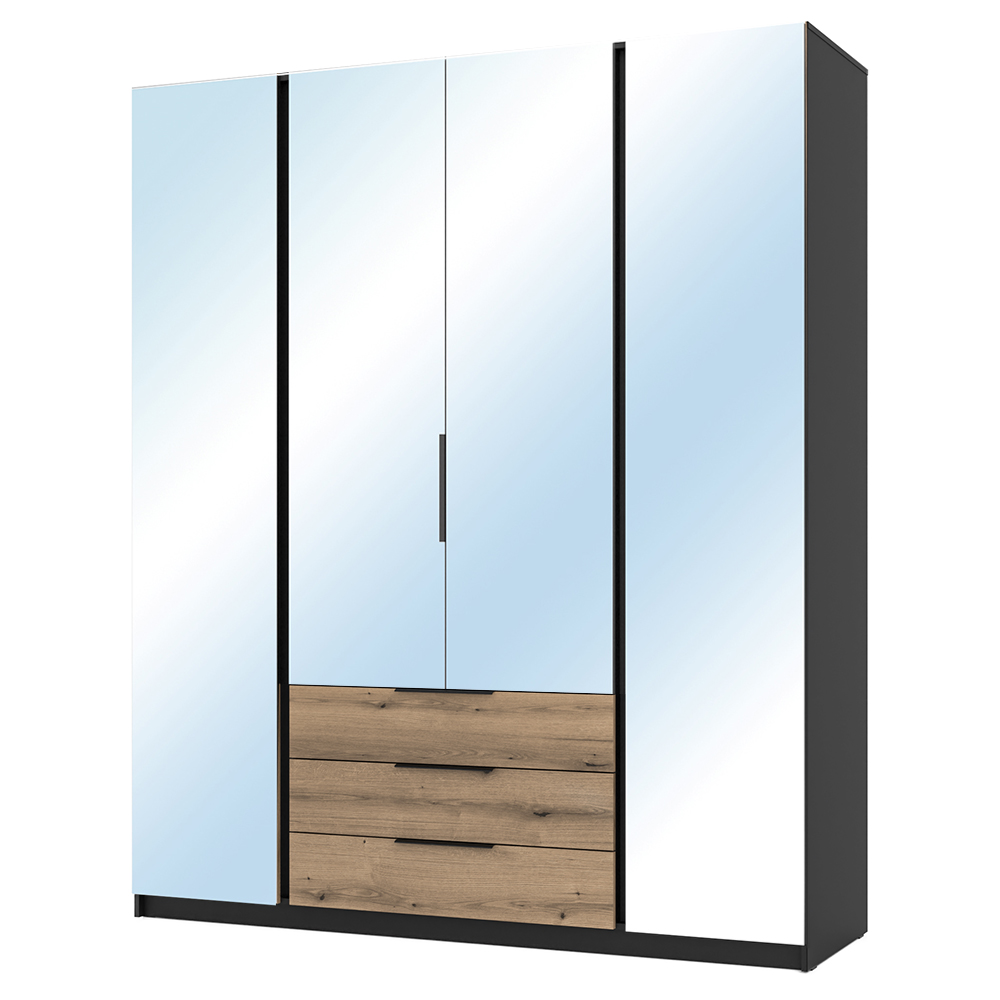 Šatní skříň KAJA 4LU 3S | 200 cm | se zrcadly | VYSOKÁ | černá/evoke